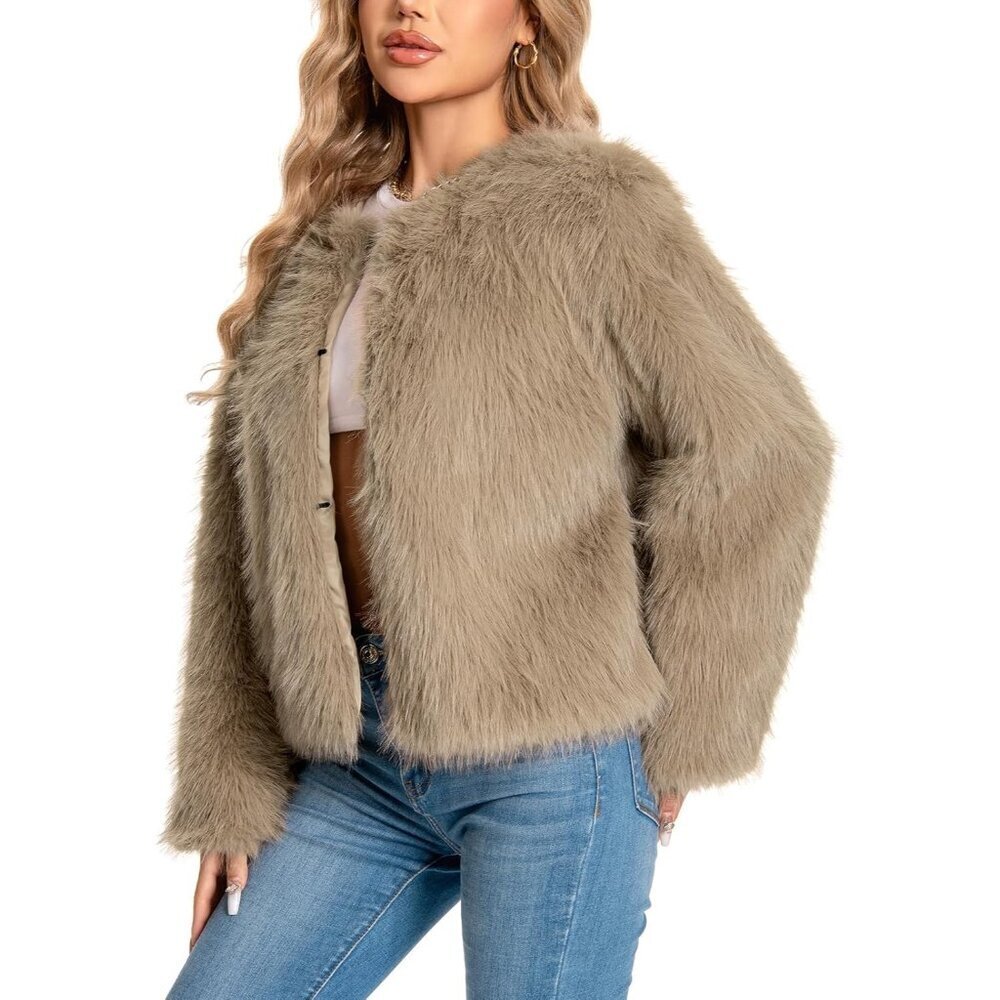Women's Faux Fuzzy Jacket Fluffy Long Sleeve Winter Coat with Pockets Khaki
